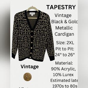 Vintage Tapestry Black & Gold Metallic Cardigan – Size 2XL